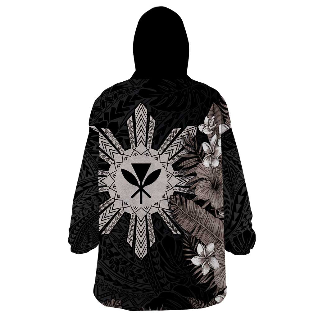 Tropical Hawaii and Philippines Wearable Blanket Hoodie Kanaka Maoli and Sun Badge Batok Tattoo Grayscale