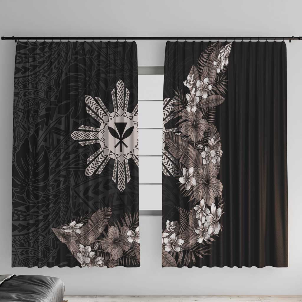 Tropical Hawaii and Philippines Window Curtain Kanaka Maoli and Sun Badge Batok Tattoo Grayscale