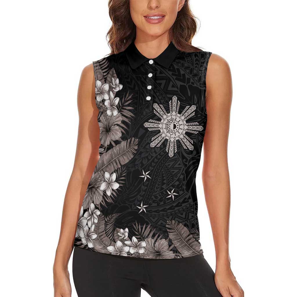 Tropical Hawaii and Philippines Women Sleeveless Polo Shirt Kanaka Maoli and Sun Badge Batok Tattoo Grayscale