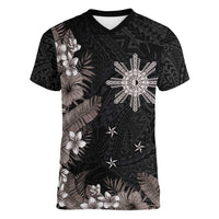 Tropical Hawaii and Philippines Women V-Neck T-Shirt Kanaka Maoli and Sun Badge Batok Tattoo Grayscale LT03 Female Black - Polynesian Pride