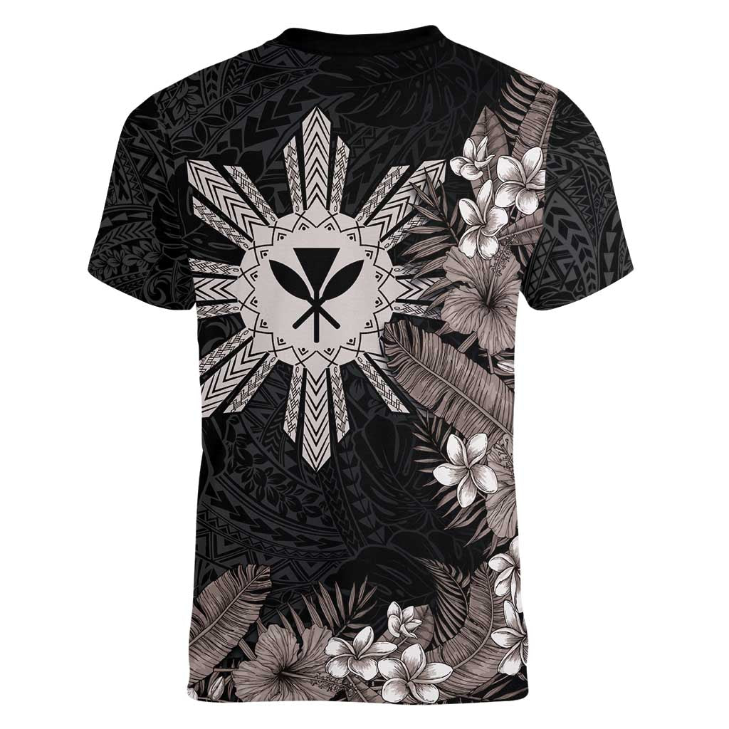 Tropical Hawaii and Philippines Women V-Neck T-Shirt Kanaka Maoli and Sun Badge Batok Tattoo Grayscale LT03 - Polynesian Pride