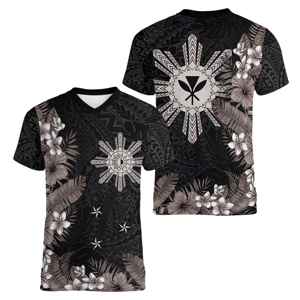 Tropical Hawaii and Philippines Women V-Neck T-Shirt Kanaka Maoli and Sun Badge Batok Tattoo Grayscale LT03 - Polynesian Pride
