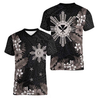 Tropical Hawaii and Philippines Women V-Neck T-Shirt Kanaka Maoli and Sun Badge Batok Tattoo Grayscale LT03 - Polynesian Pride