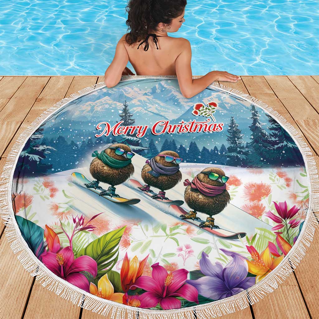 New Zealand Merry Christmas Beach Blanket Kiwi Birds Snow Boarding-Vibrant Tropical Flower - Polynesian Pride