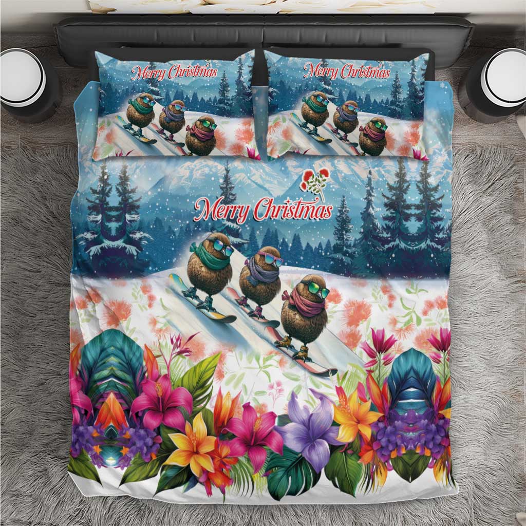 New Zealand Merry Christmas Bedding Set Kiwi Birds Snow Boarding-Vibrant Tropical Flower - Polynesian Pride