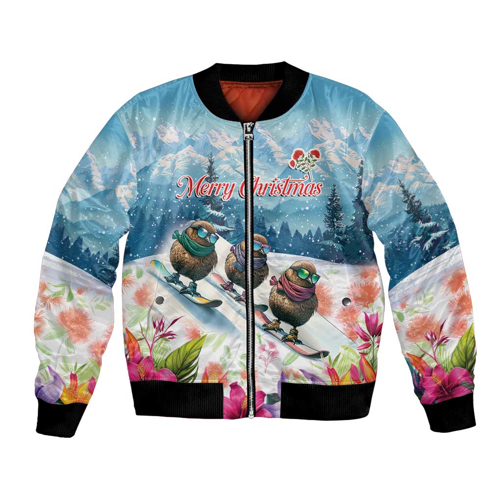 New Zealand Merry Christmas Bomber Jacket Kiwi Birds Snow Boarding-Vibrant Tropical Flower - Polynesian Pride