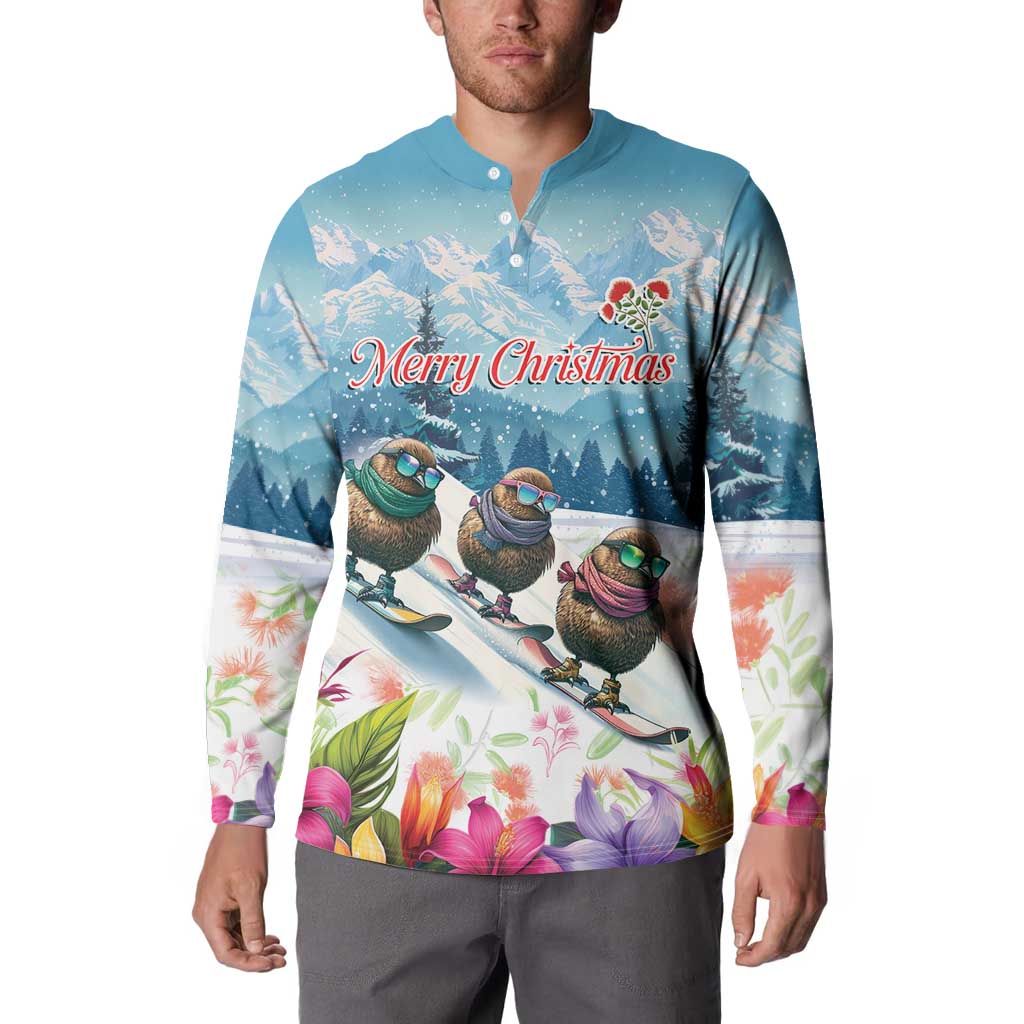 New Zealand Merry Christmas Button Sweatshirt Kiwi Birds Snow Boarding-Vibrant Tropical Flower - Polynesian Pride