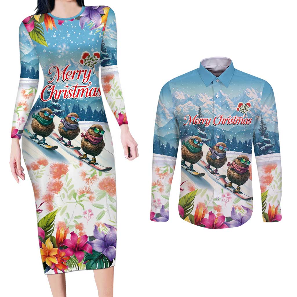 New Zealand Merry Christmas Couples Matching Long Sleeve Bodycon Dress and Long Sleeve Button Shirt Kiwi Birds Snow Boarding-Vibrant Tropical Flower - Polynesian Pride