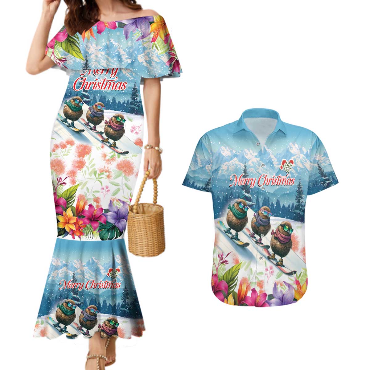 New Zealand Merry Christmas Couples Matching Mermaid Dress and Hawaiian Shirt Kiwi Birds Snow Boarding-Vibrant Tropical Flower - Polynesian Pride