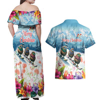 New Zealand Merry Christmas Couples Matching Off Shoulder Maxi Dress and Hawaiian Shirt Kiwi Birds Snow Boarding-Vibrant Tropical Flower - Polynesian Pride