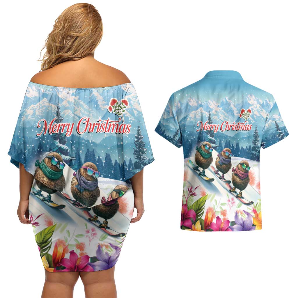 New Zealand Merry Christmas Couples Matching Off Shoulder Short Dress and Hawaiian Shirt Kiwi Birds Snow Boarding-Vibrant Tropical Flower - Polynesian Pride