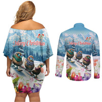 New Zealand Merry Christmas Couples Matching Off Shoulder Short Dress and Long Sleeve Button Shirt Kiwi Birds Snow Boarding-Vibrant Tropical Flower - Polynesian Pride