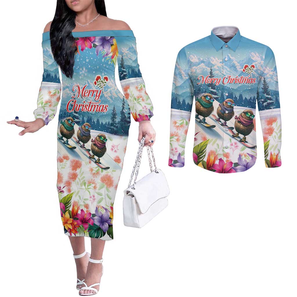 New Zealand Merry Christmas Couples Matching Off The Shoulder Long Sleeve Dress and Long Sleeve Button Shirt Kiwi Birds Snow Boarding-Vibrant Tropical Flower - Polynesian Pride