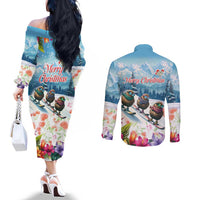 New Zealand Merry Christmas Couples Matching Off The Shoulder Long Sleeve Dress and Long Sleeve Button Shirt Kiwi Birds Snow Boarding-Vibrant Tropical Flower - Polynesian Pride