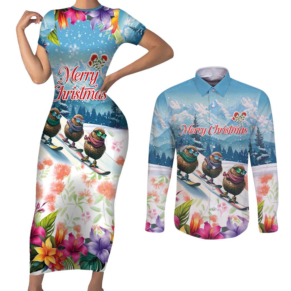 New Zealand Merry Christmas Couples Matching Short Sleeve Bodycon Dress and Long Sleeve Button Shirt Kiwi Birds Snow Boarding-Vibrant Tropical Flower - Polynesian Pride