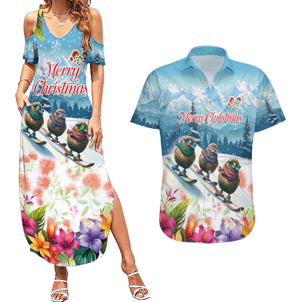 New Zealand Merry Christmas Couples Matching Summer Maxi Dress and Hawaiian Shirt Kiwi Birds Snow Boarding-Vibrant Tropical Flower - Polynesian Pride