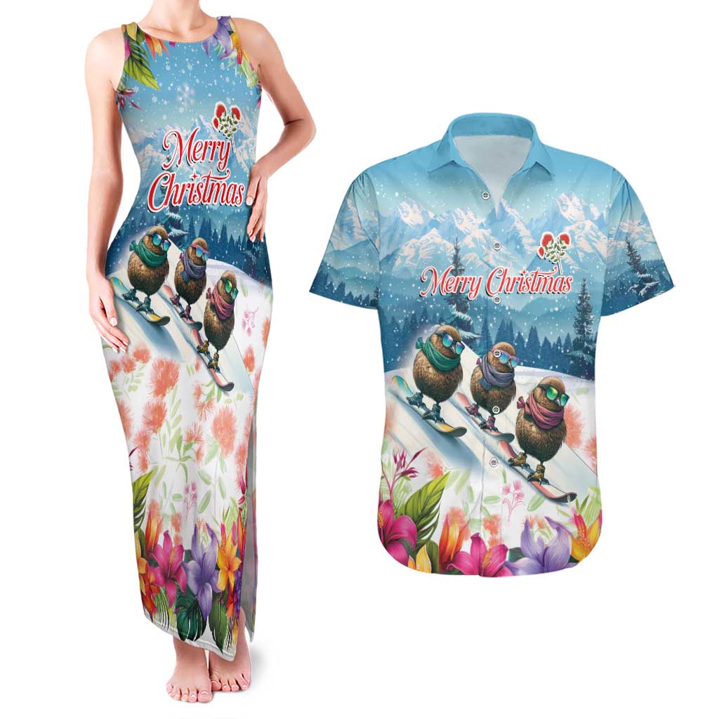 New Zealand Merry Christmas Couples Matching Tank Maxi Dress and Hawaiian Shirt Kiwi Birds Snow Boarding-Vibrant Tropical Flower - Polynesian Pride