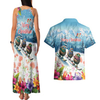 New Zealand Merry Christmas Couples Matching Tank Maxi Dress and Hawaiian Shirt Kiwi Birds Snow Boarding-Vibrant Tropical Flower - Polynesian Pride