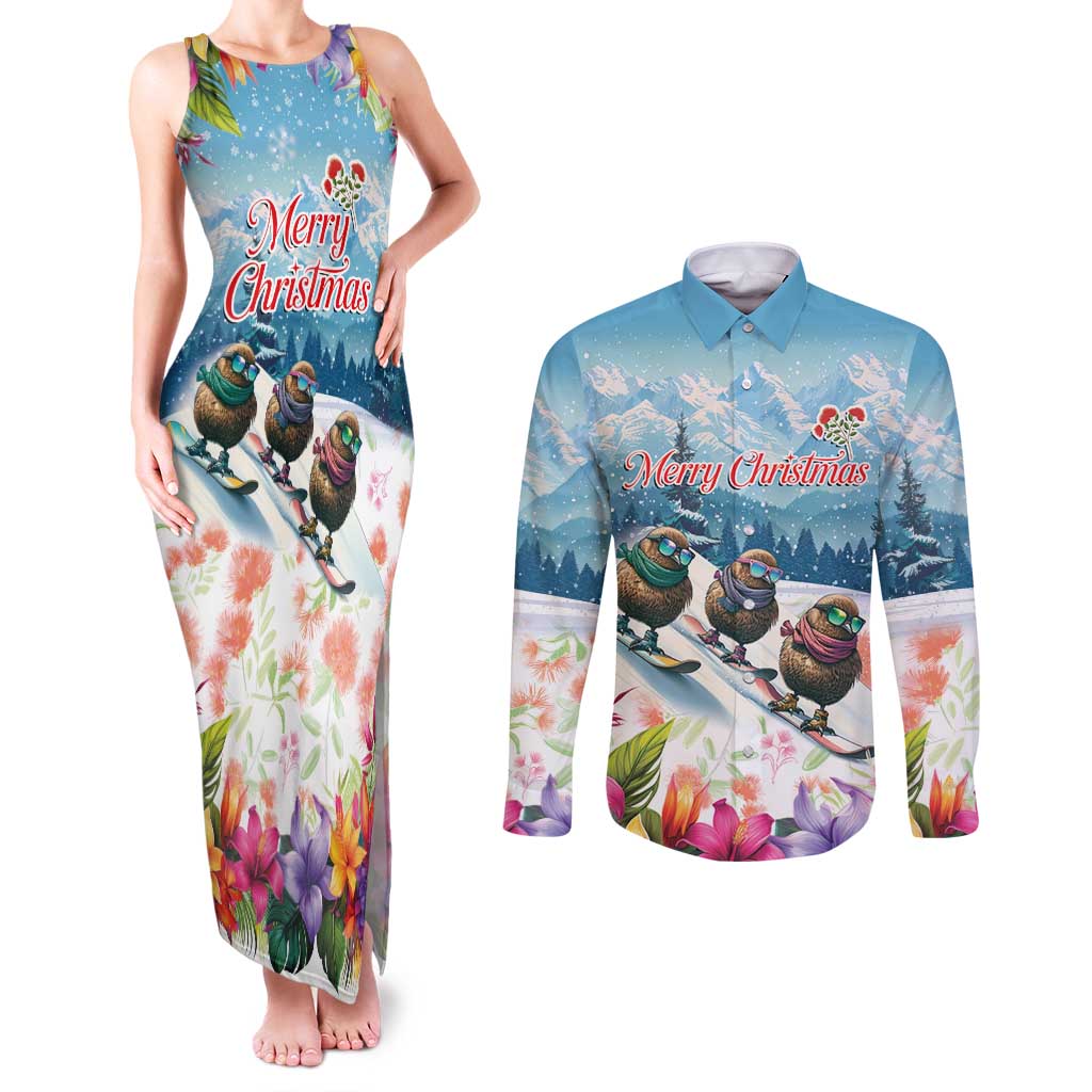 New Zealand Merry Christmas Couples Matching Tank Maxi Dress and Long Sleeve Button Shirt Kiwi Birds Snow Boarding-Vibrant Tropical Flower - Polynesian Pride