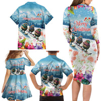 New Zealand Merry Christmas Family Matching Long Sleeve Bodycon Dress and Hawaiian Shirt Kiwi Birds Snow Boarding-Vibrant Tropical Flower - Polynesian Pride
