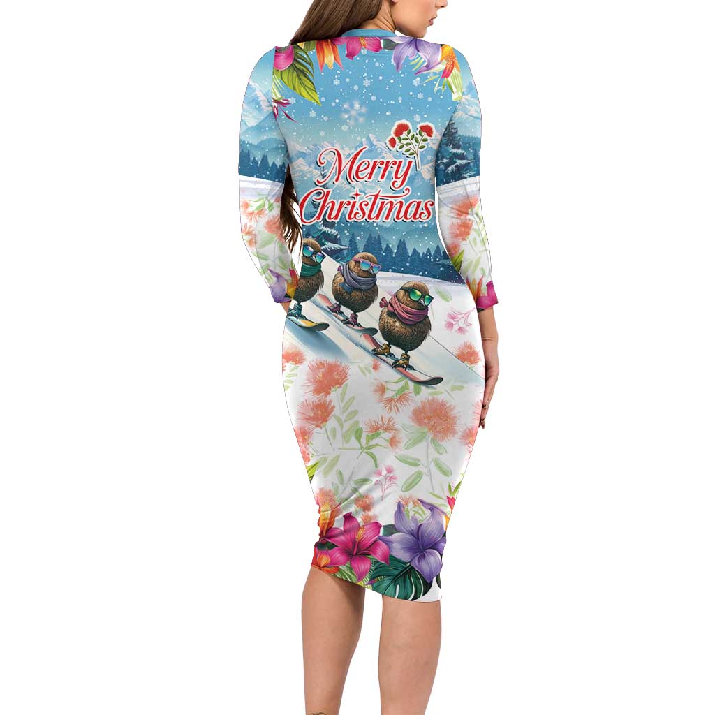 New Zealand Merry Christmas Family Matching Long Sleeve Bodycon Dress and Hawaiian Shirt Kiwi Birds Snow Boarding-Vibrant Tropical Flower - Polynesian Pride