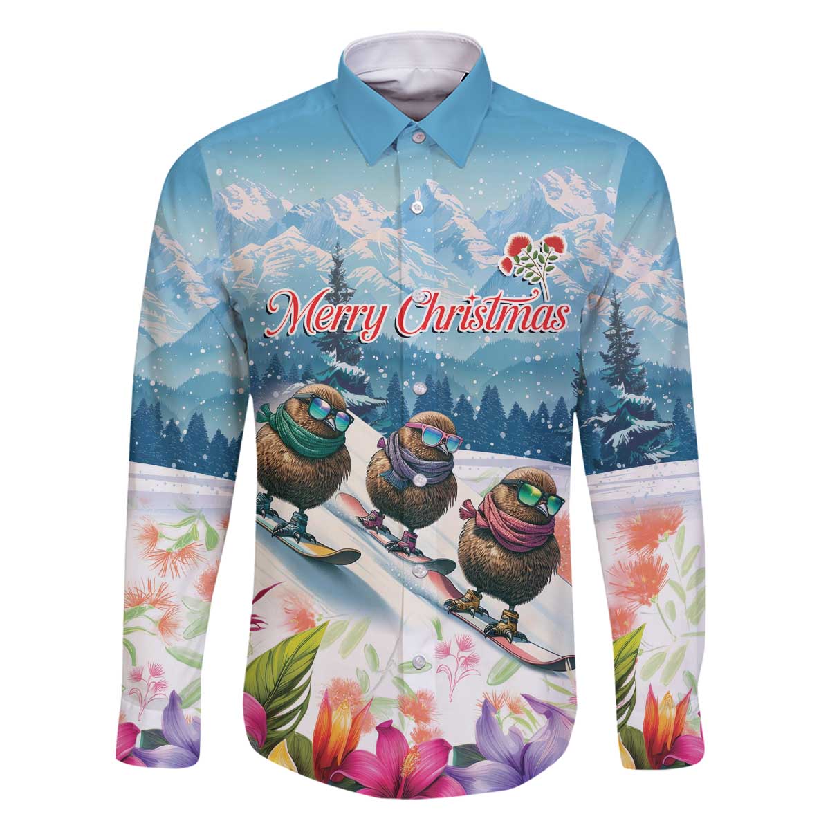 New Zealand Merry Christmas Family Matching Off The Shoulder Long Sleeve Dress and Hawaiian Shirt Kiwi Birds Snow Boarding-Vibrant Tropical Flower - Polynesian Pride