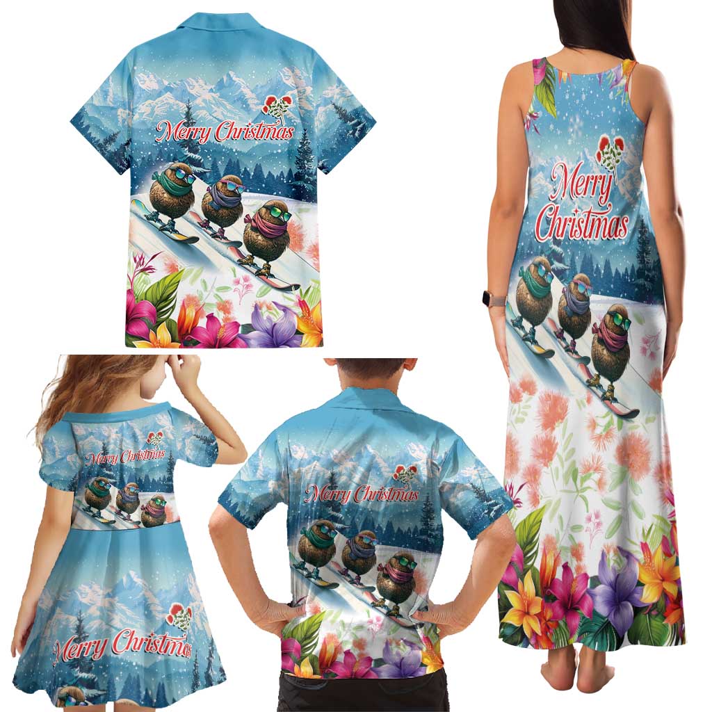 New Zealand Merry Christmas Family Matching Tank Maxi Dress and Hawaiian Shirt Kiwi Birds Snow Boarding-Vibrant Tropical Flower - Polynesian Pride