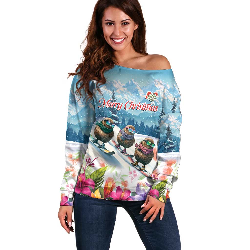 New Zealand Merry Christmas Off Shoulder Sweater Kiwi Birds Snow Boarding-Vibrant Tropical Flower - Polynesian Pride