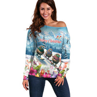 New Zealand Merry Christmas Off Shoulder Sweater Kiwi Birds Snow Boarding-Vibrant Tropical Flower - Polynesian Pride
