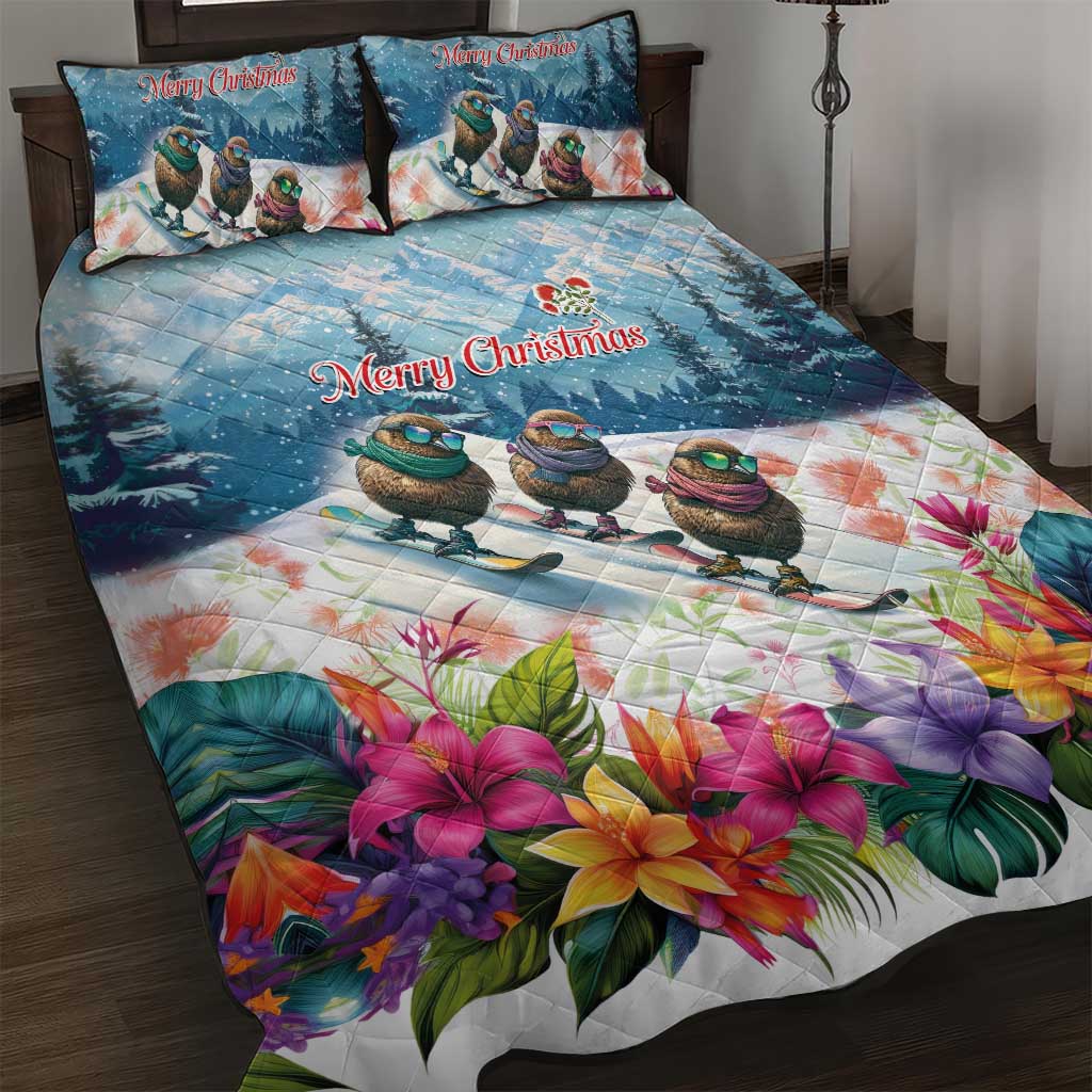 New Zealand Merry Christmas Quilt Bed Set Kiwi Birds Snow Boarding-Vibrant Tropical Flower - Polynesian Pride