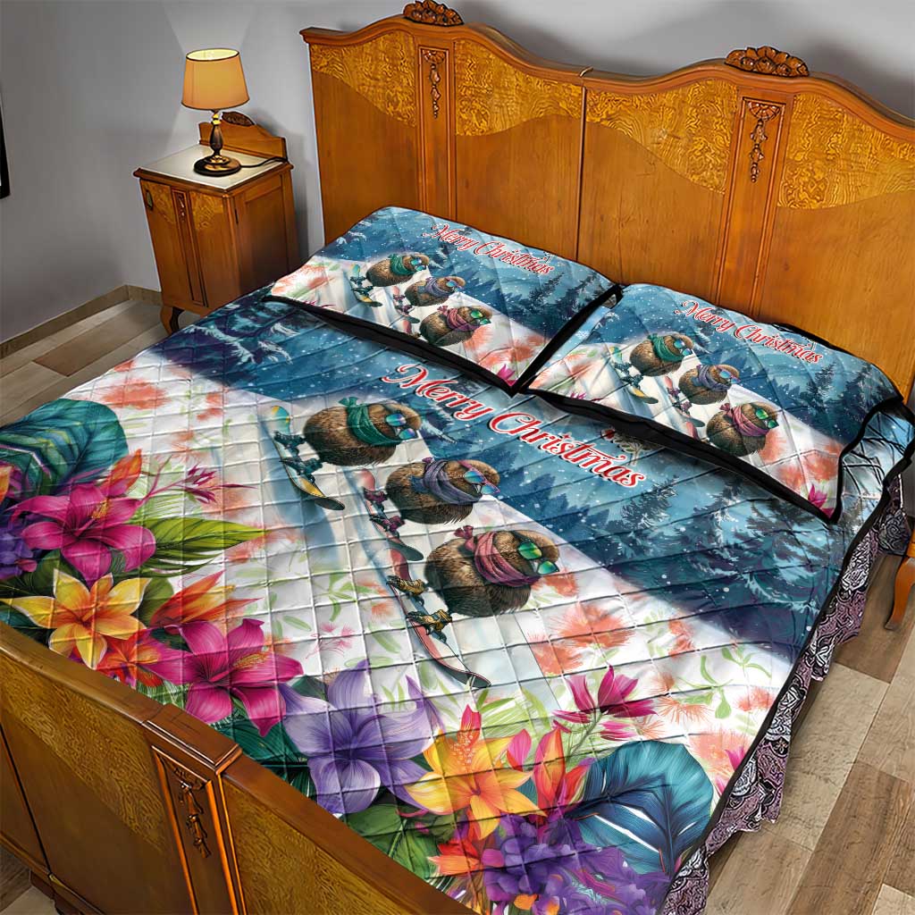 New Zealand Merry Christmas Quilt Bed Set Kiwi Birds Snow Boarding-Vibrant Tropical Flower - Polynesian Pride