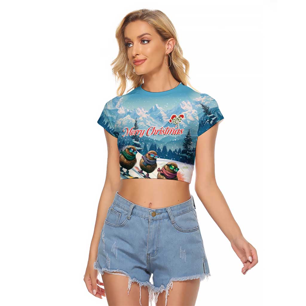 New Zealand Merry Christmas Raglan Cropped T Shirt Kiwi Birds Snow Boarding-Vibrant Tropical Flower - Polynesian Pride