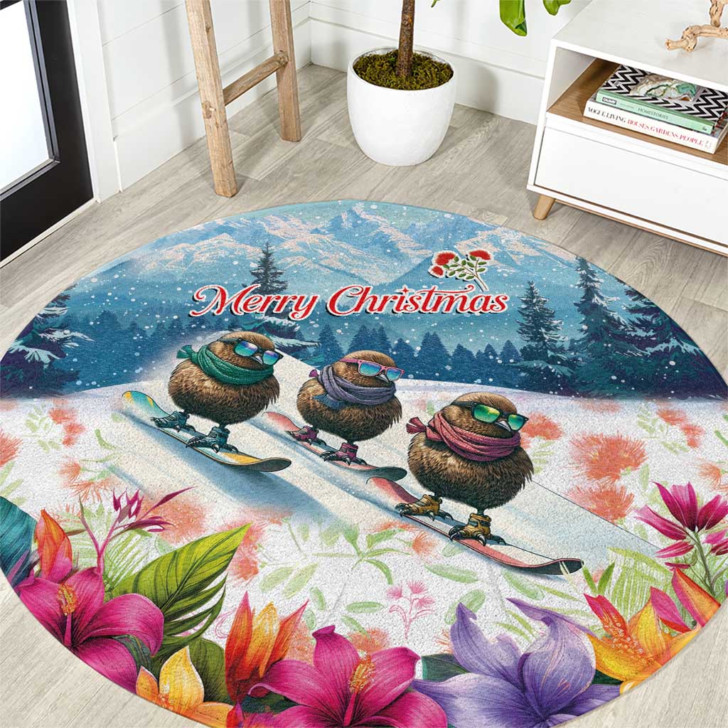 New Zealand Merry Christmas Round Carpet Kiwi Birds Snow Boarding-Vibrant Tropical Flower - Polynesian Pride