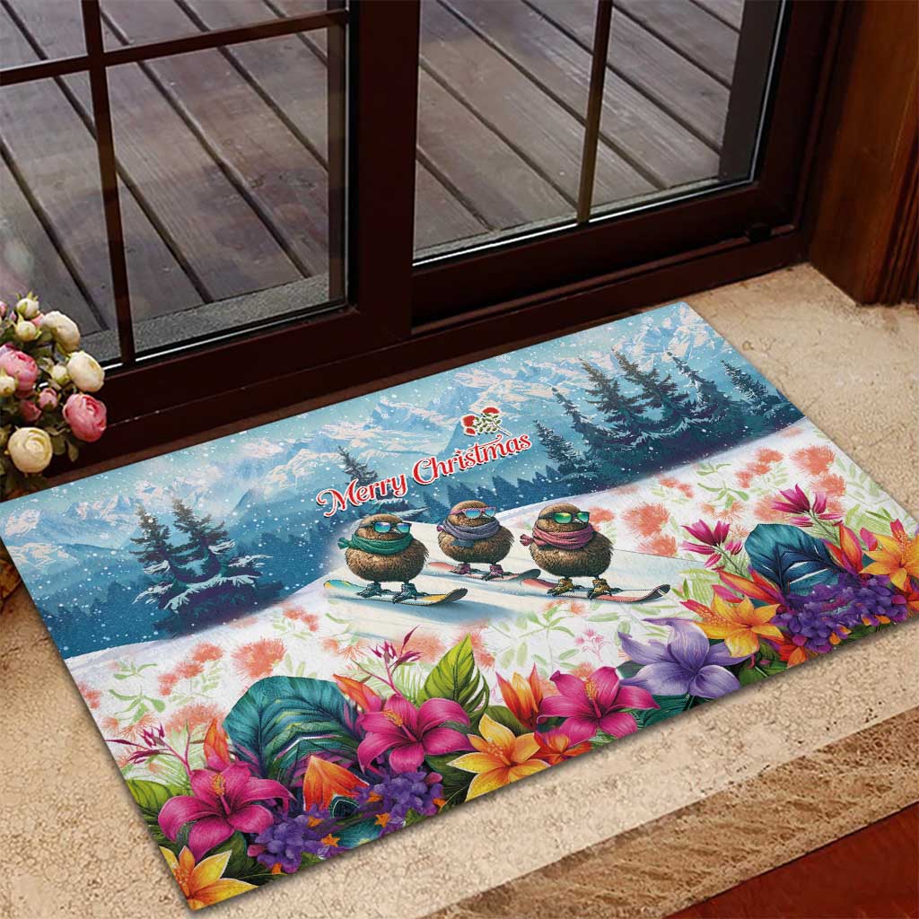 New Zealand Merry Christmas Rubber Doormat Kiwi Birds Snow Boarding-Vibrant Tropical Flower - Polynesian Pride