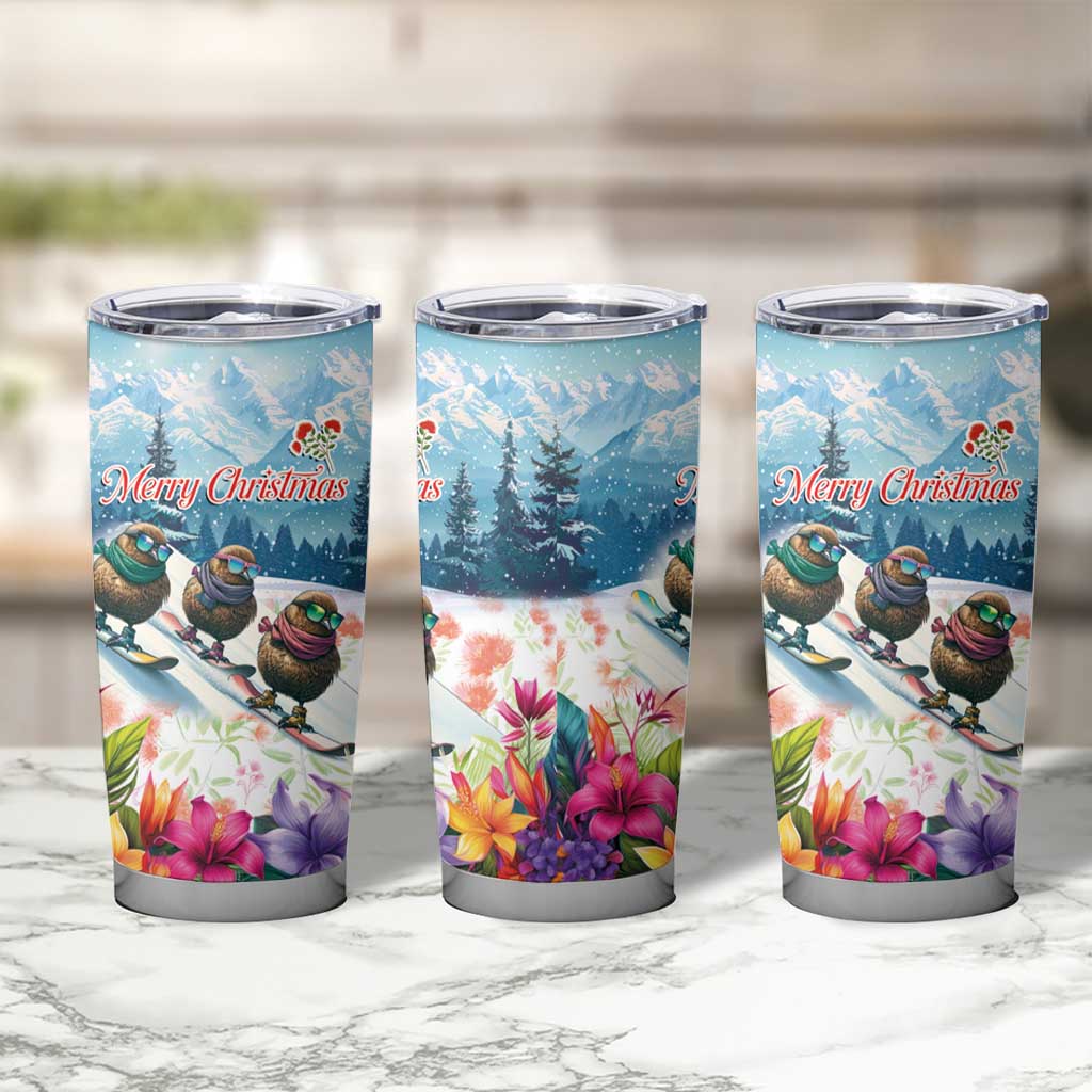 New Zealand Merry Christmas Tumbler Cup Kiwi Birds Snow Boarding-Vibrant Tropical Flower - Polynesian Pride