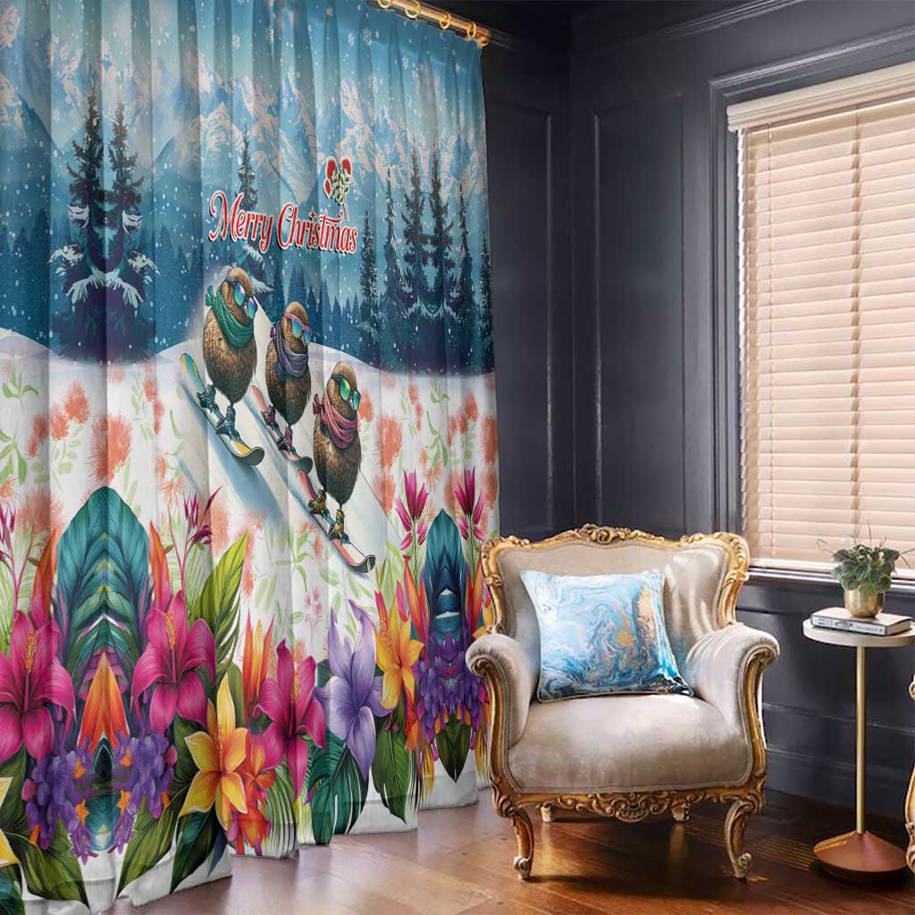 New Zealand Merry Christmas Window Curtain Kiwi Birds Snow Boarding-Vibrant Tropical Flower - Polynesian Pride