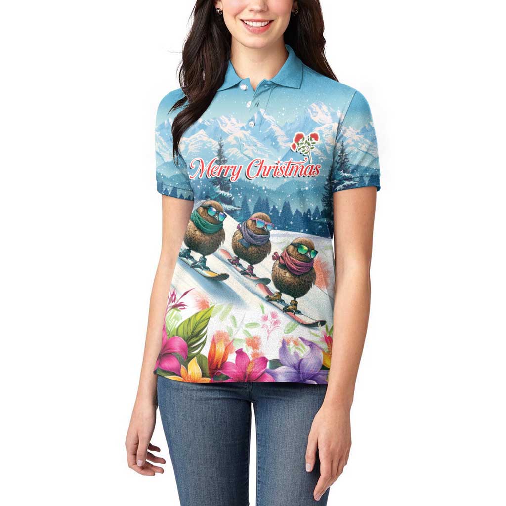 New Zealand Merry Christmas Women Polo Shirt Kiwi Birds Snow Boarding-Vibrant Tropical Flower - Polynesian Pride