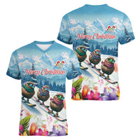 New Zealand Merry Christmas Women V-Neck T-Shirt Kiwi Birds Snow Boarding-Vibrant Tropical Flower - Polynesian Pride