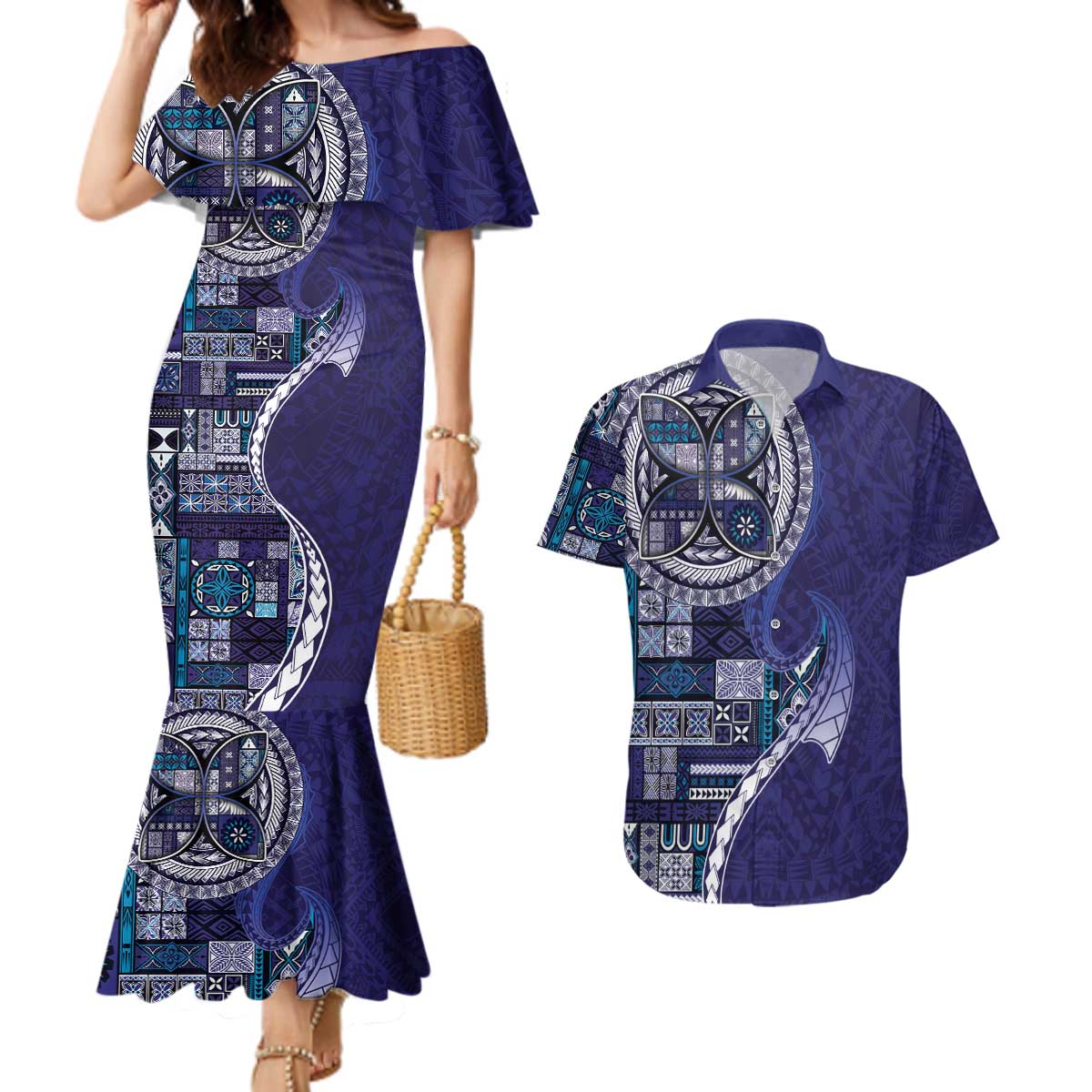 Samoan Siapo Art Tattoo Polynesian Pattern Couples Matching Mermaid Dress and Hawaiian Shirt Navy Color - Polynesian Pride