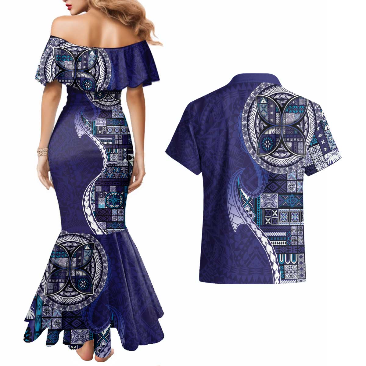 Samoan Siapo Art Tattoo Polynesian Pattern Couples Matching Mermaid Dress and Hawaiian Shirt Navy Color - Polynesian Pride