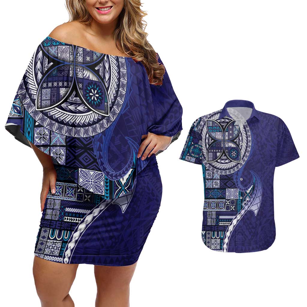 Samoan Siapo Art Tattoo Polynesian Pattern Couples Matching Off Shoulder Short Dress and Hawaiian Shirt Navy Color - Polynesian Pride