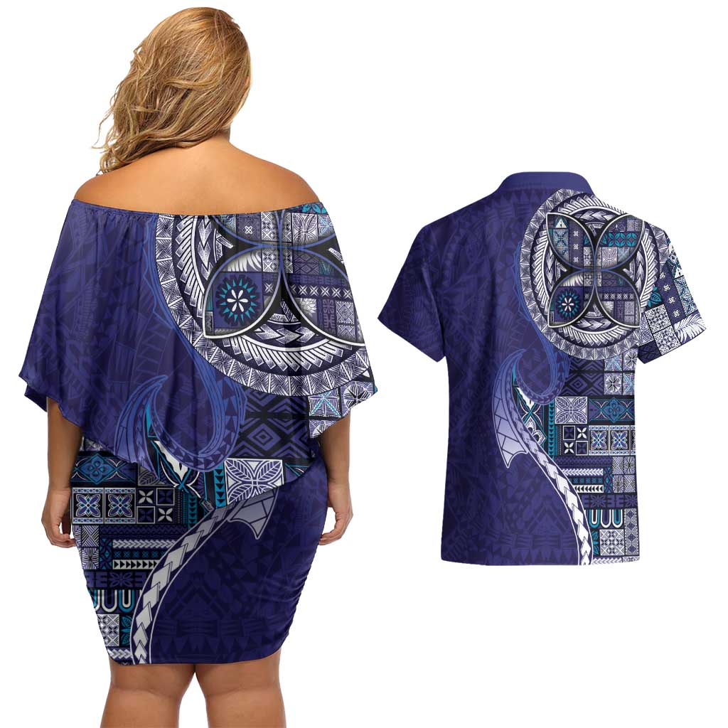 Samoan Siapo Art Tattoo Polynesian Pattern Couples Matching Off Shoulder Short Dress and Hawaiian Shirt Navy Color - Polynesian Pride
