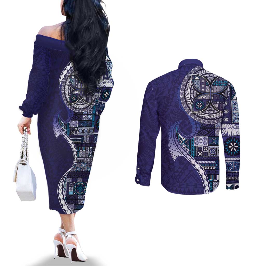 Samoan Siapo Art Tattoo Polynesian Pattern Couples Matching Off The Shoulder Long Sleeve Dress and Long Sleeve Button Shirt Navy Color - Polynesian Pride