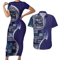 Samoan Siapo Art Tattoo Polynesian Pattern Couples Matching Short Sleeve Bodycon Dress and Hawaiian Shirt Navy Color - Polynesian Pride