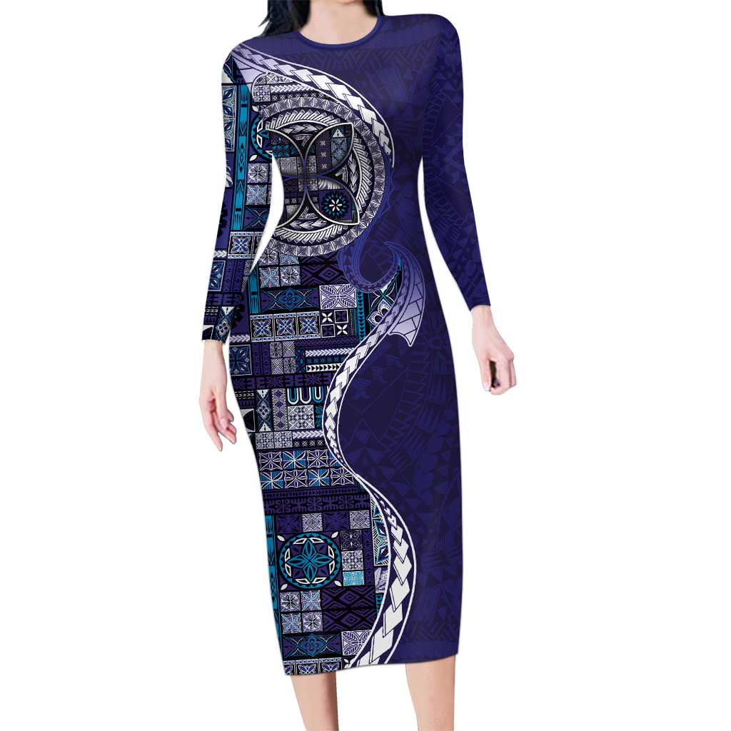 Samoan Siapo Art Tattoo Polynesian Pattern Family Matching Long Sleeve Bodycon Dress and Hawaiian Shirt Navy Color - Polynesian Pride