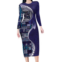 Samoan Siapo Art Tattoo Polynesian Pattern Family Matching Long Sleeve Bodycon Dress and Hawaiian Shirt Navy Color - Polynesian Pride