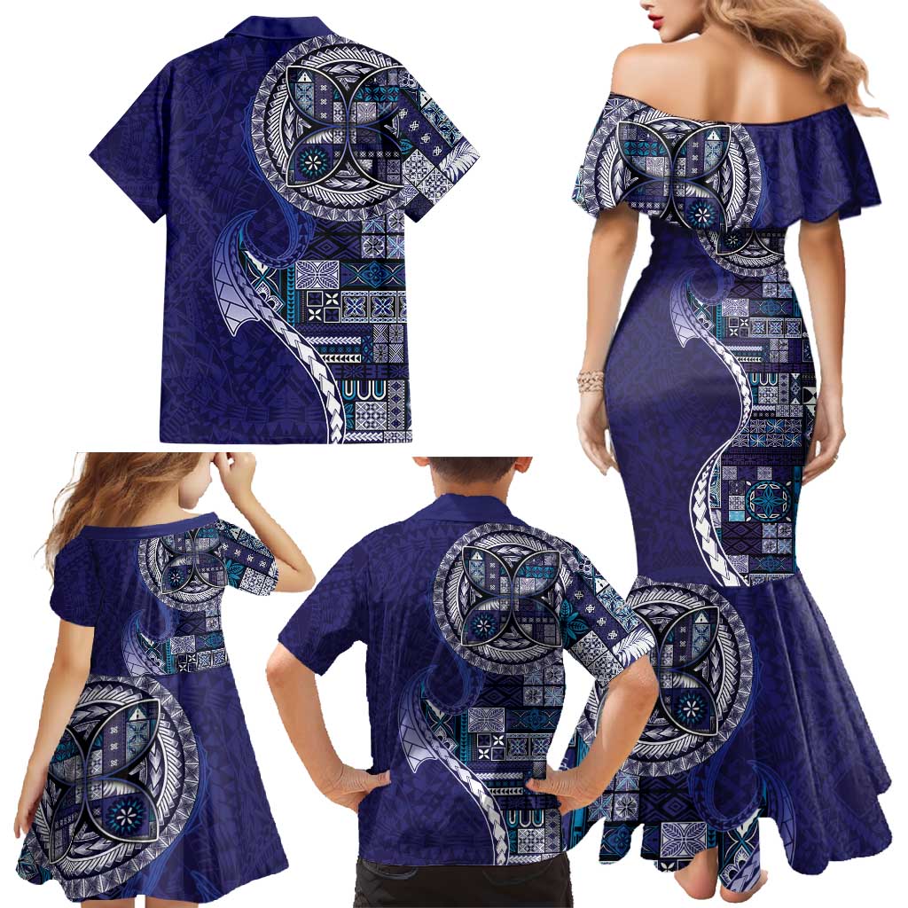 Samoan Siapo Art Tattoo Polynesian Pattern Family Matching Mermaid Dress and Hawaiian Shirt Navy Color - Polynesian Pride