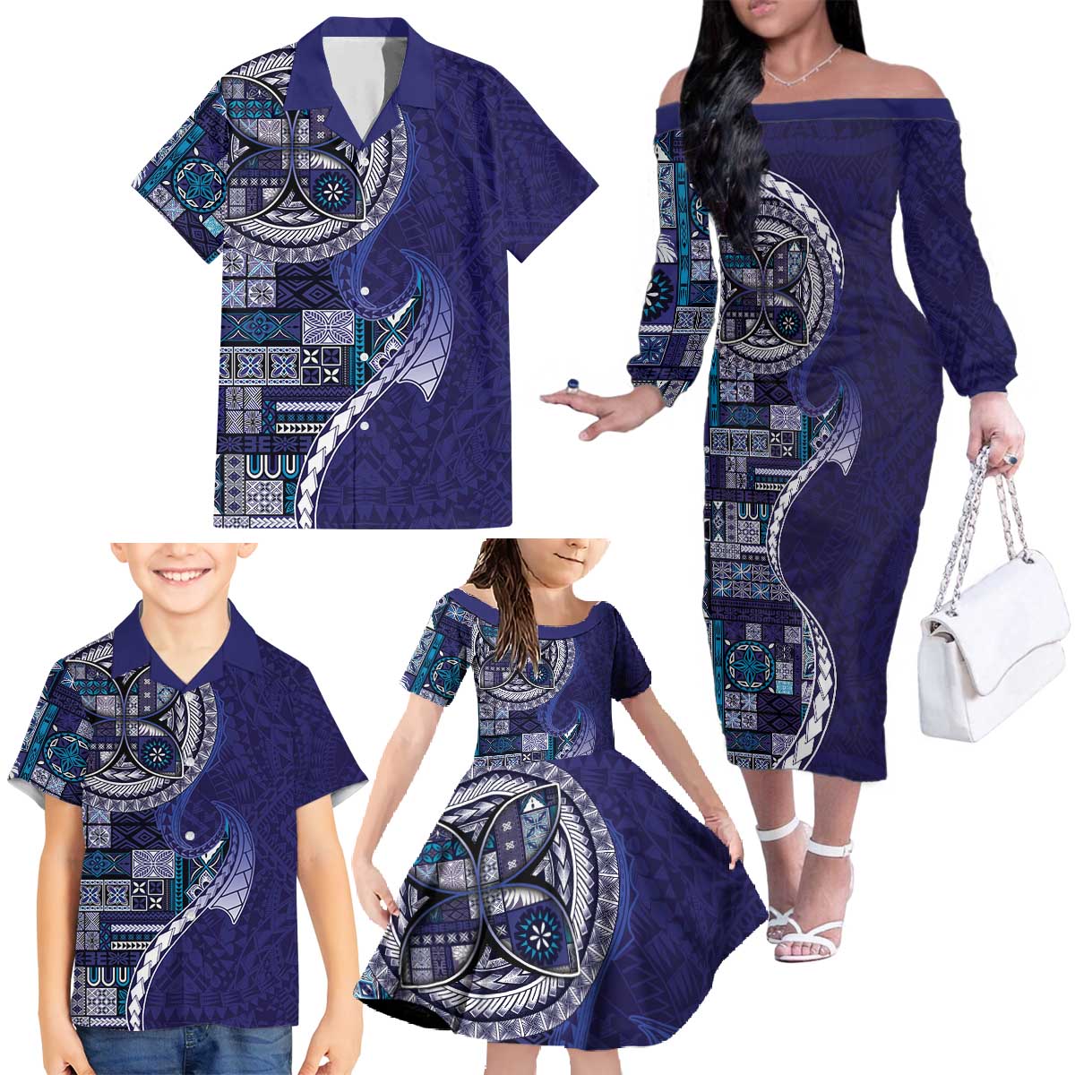Samoan Siapo Art Tattoo Polynesian Pattern Family Matching Off The Shoulder Long Sleeve Dress and Hawaiian Shirt Navy Color - Polynesian Pride