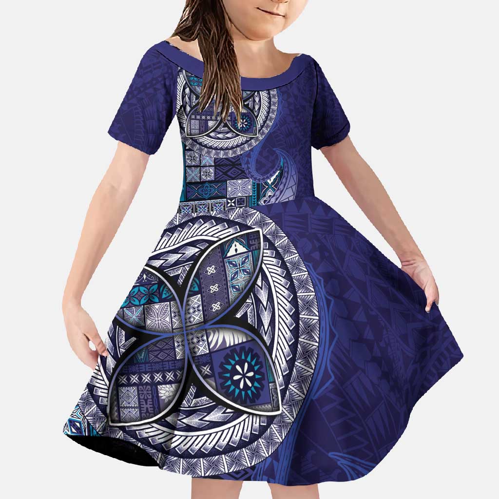 Samoan Siapo Art Tattoo Polynesian Pattern Family Matching Off Shoulder Maxi Dress and Hawaiian Shirt Navy Color - Polynesian Pride