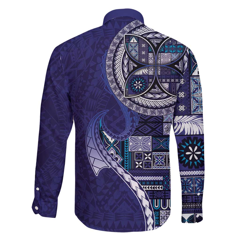 Samoan Siapo Art Tattoo Polynesian Pattern Family Matching Off Shoulder Short Dress and Hawaiian Shirt Navy Color - Polynesian Pride